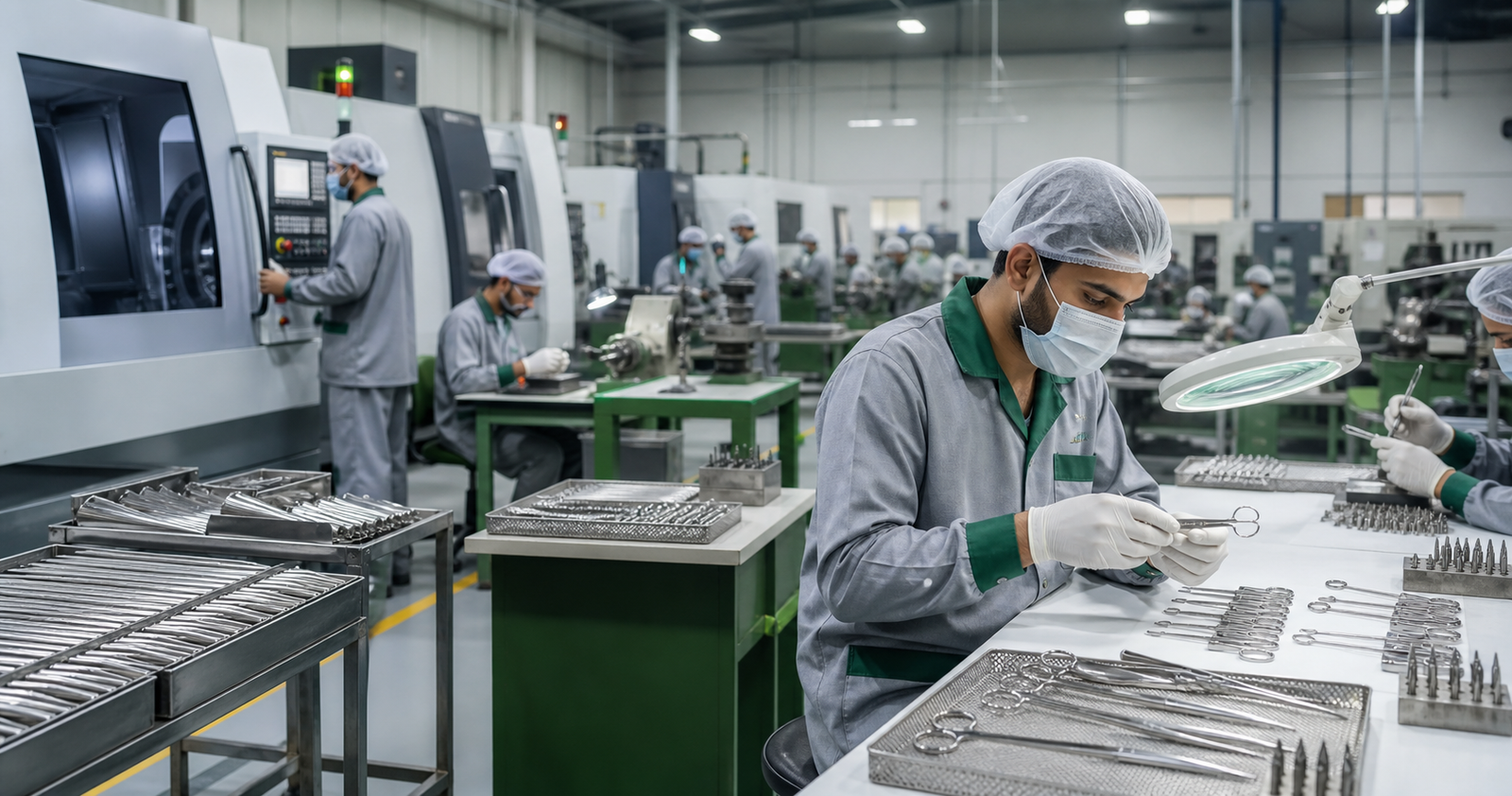 Technicians machining, inspecting and finishing stainless-steel surgical and dental instruments in a clean manufacturing workshop