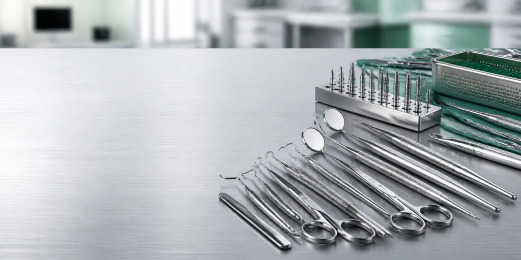 Precision surgical, dental and implant instruments arranged in a sterile manufacturing environment